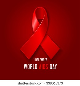World AIDS Day concept poster with red ribbon of AIDS awareness (symbol for solidarity with HIV-positive people) and text on dark red background. Vector illustration.