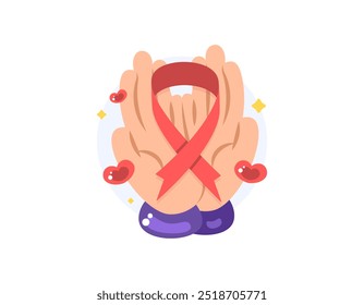 Concepto del Día Mundial del SIDA. Día para crear conciencia sobre el VIH y el SIDA. ilustración de la cinta roja en la palma con el símbolo del corazón. cuidado y salud. conmemoración o evento. elemento de diseño de estilo plano.