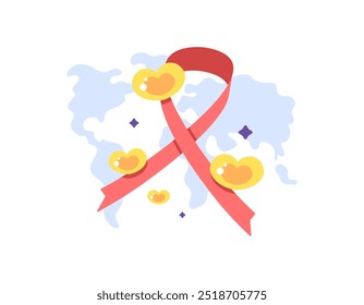 Conceito do Dia Mundial da AIDS. dia para aumentar a conscientização sobre HIV e AIDS. ilustração de fita vermelha com símbolo de coração e silhueta do mapa do mundo. design de estilo plano. elemento. comemoração ou evento