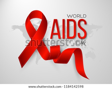 World Aids day concept. Realistic awareness red ribbon on grey map background. Vector illustration
