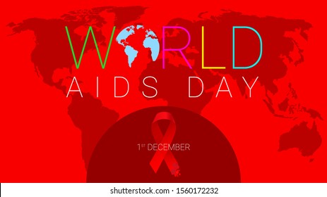 World Aids Day concept. Red Ribbon. 1 december. World map.