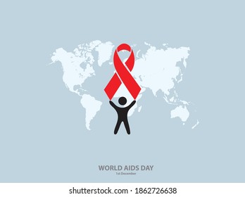 World Aids Day concept. Red ribbon in vector human hands.