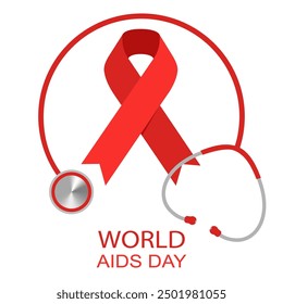 World Aids Day concept. Red ribbon and stethoscope on a white background.