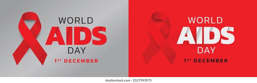 Concepto del Día Mundial del Sida con la cinta roja que es el símbolo internacional de la Asistencia para las personas que viven con el VIH y la concienciación sobre el VIH. Día importante el 1 de diciembre. Ilustración vectorial plana.