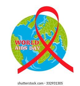 World Aids Day concept with red aids awareness ribbon and globe. Stock vector