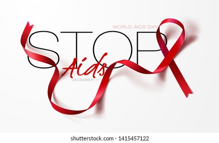 World Aids Day concept. Stop Aids. Awareness. Realistic Red Ribbon. Calligraphy Poster Design. Vector. Illustration