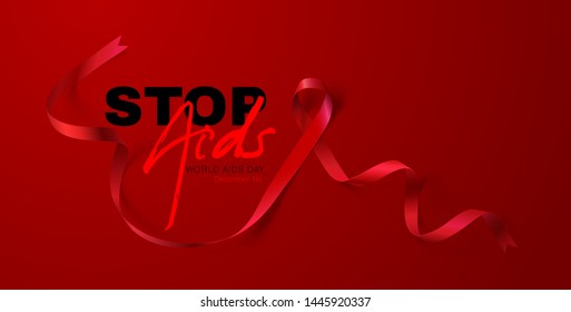 World Aids Day concept. Stop Aids. Awareness. Realistic Red Ribbon. Calligraphy Poster Design. Vector. Illustration