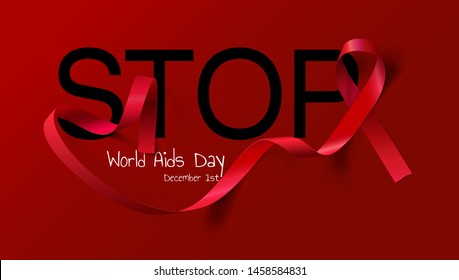 World Aids Day concept. Stop Aids. Awareness. Realistic Red Ribbon. Calligraphy Poster Design. Vector. Illustration