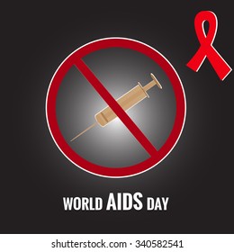 World Aids Day concept with syringe and red aids awareness ribbon Vector illustration.