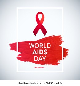World Aids Day concept with text and red ribbon of aids awareness. 1st December. Red brush stroke poster