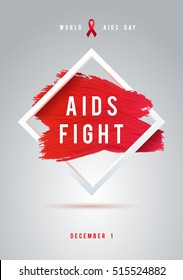 Konzept des Welt-AIDS-Tages mit Text und rotem Band der Aids-Bewusstsein. 1. Dezember. Roter Pinsel Schlaganfall Poster weißer Hintergrund.