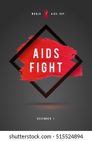 World AIDS Day Concept with Text and red ribbon of AIDS awareness. 1st December. Red Brush Stroke Poster Grey Background.