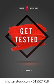 World AIDS Day Concept with Text and red ribbon of AIDS awareness. 1st December. Red Brush Stroke Poster Grey Background.