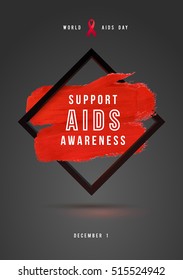 World AIDS Day Concept with Text and red ribbon of AIDS awareness. 1st December. Red Brush Stroke Poster Grey Background.
