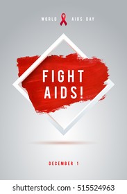 World AIDS Day Concept with Text and Red Ribbon of AIDS Awareness. 1st December. Red Brush Stroke Poster White Background.