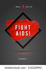 World AIDS Day Concept with Text and red ribbon of AIDS awareness. 1st December. Red Brush Stroke Poster Grey Background.