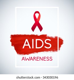 World Aids Day concept with typography and red ribbon of aids awareness. 1st December. Red brush stroke poster.