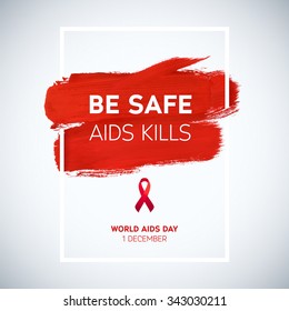 World Aids Day concept with typography and red ribbon of aids awareness. 1st December. Red brush stroke poster.