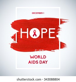 World Aids Day concept with typography and red ribbon of aids awareness. 1st December. Red brush stroke poster.