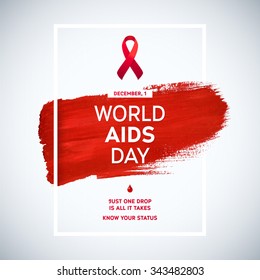 World Aids Day concept with typography and red ribbon of aids awareness. 1st December. Red brush stroke poster.