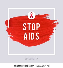 World Aids Day concept with typography and red ribbon of aids awareness. 1st December. Red brush stroke poster.