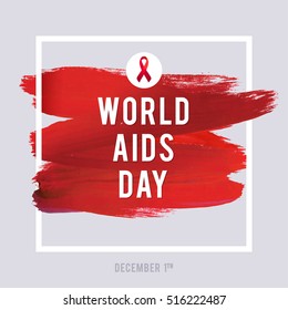 World Aids Day concept with typography and red ribbon of aids awareness. 1st December. Red brush stroke poster.