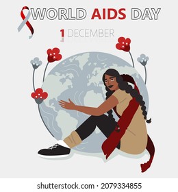 World AIDS Day concept. A young woman with a red ribbon hugs the Earth in support of AIDS and HIV patients. International Breast Cancer Day around the world. Vector medical illustration
