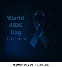 World Aids day, December 1 poster template with glowing low polygonal ribbon and text on dark blue background. Futuristic design vector illustration.