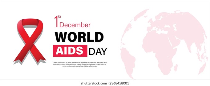 Día Mundial del SIDA, 1 de diciembre. la cinta roja como símbolo de VIH y cáncer. fondo blanco y mapa del mundo, concepto del espacio de copia. vector para pancarta, afiches y afiches de medios sociales