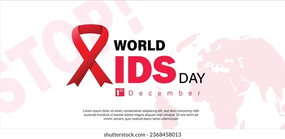Welt-AIDS-Tag 1. Dezember. Bewusstsein rotes Band als Symbol HIV und Krebs. weißer Hintergrund und Weltkarte, Kopienraum-Konzept. Vektor für Banner, Poster und Poster in sozialen Medien