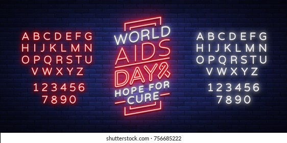 World AIDS Day, December 1, banner, neon-style poster. Vector Awareness Awareness Concept. Design with text, luminous banner. Editing text neon sign. Neon alphabet.