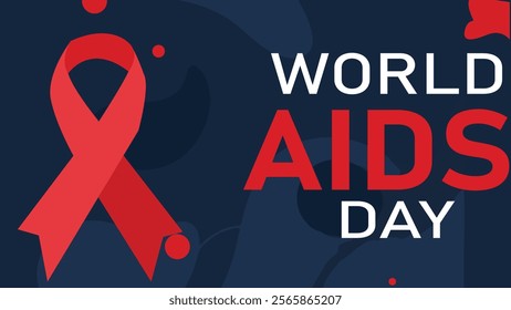 A World AIDS Day design featuring a prominent red ribbon on a dark background, symbolizing awareness, support, and the fight against AIDS.
