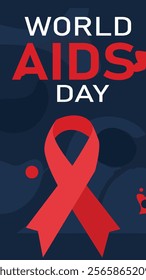 A World AIDS Day design featuring a prominent red ribbon on a dark background, symbolizing awareness, support, and the fight against AIDS.
