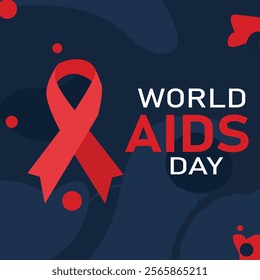 A World AIDS Day design featuring a prominent red ribbon on a dark background, symbolizing awareness, support, and the fight against AIDS.
