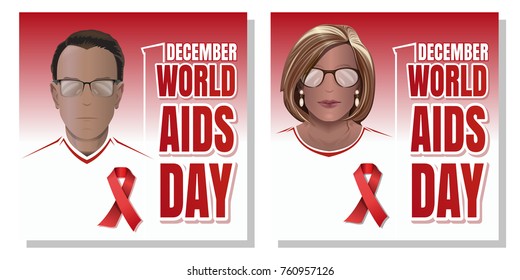World AIDS Day design. Man and woman with a red ribbon - symbol of the fight against AIDS. Vector illustration