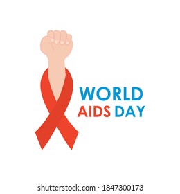 world aids day design with red ribbon and hand up icon over white background, flat style, vector illustration