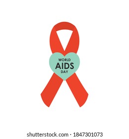 world aids day design with red ribbon and green heart over white background, flat style, vector illustration