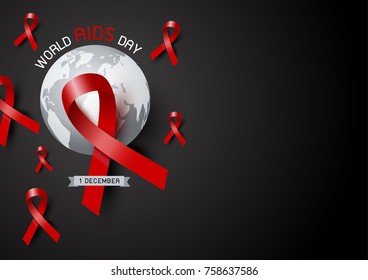 World aids day design of red ribbon and world on black background vector illustration