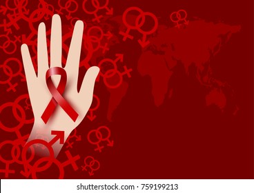 World aids day design of red ribbon on hand with sex symbol vector illustration