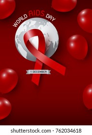 World aids day design of red ribbon and world with balloon on red background vector illustration