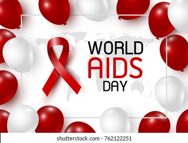 World aids day design of red ribbon and world with balloon on white background vector illustration