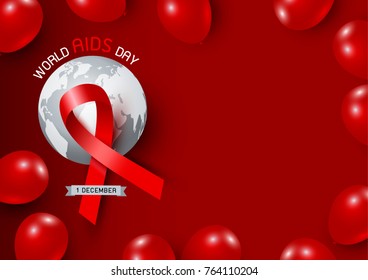 World aids day design of red ribbon and world with balloon on red background vector illustration