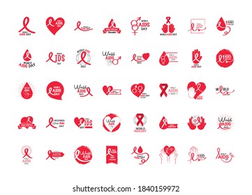 world aids day, different text handwritten, awareness, ribbons, hearts icons collection vector illustration