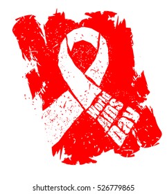 World AIDS Day emblem. Red ribbon in grunge style logo. Spray and scratches. Noise and brush strokes. Awareness of AIDS. Poster template concept for international event on December 1