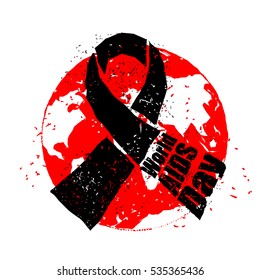 World AIDS Day emblem. Red ribbon in grunge style logo. Spray and scratches. Noise and brush strokes. Awareness of AIDS. Poster template concept for international event  December 1