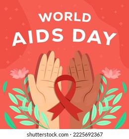 día mundial de la ayuda en diseño plano con manos y cinta de arco rojo