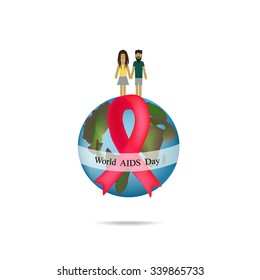 World AIDS Day. Globe with red ribbon. Man and woman holding hands. Vector illustration.