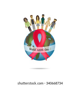 World AIDS Day. Globe with red ribbon. People hold hands. Vector illustration.