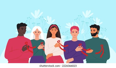 World AIDS Day. A group of people of different nationalities with red ribbons, a symbol of the fight against HIV. Vector illustration.