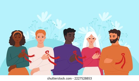 World AIDS Day. A group of people of different nationalities with red ribbons, a symbol of the fight against HIV. Vector illustration.